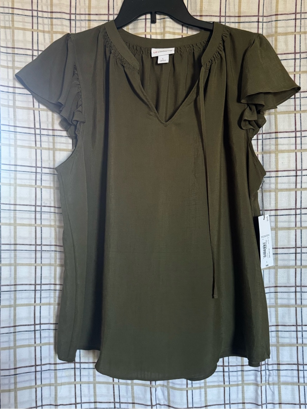 Liz Claiborne Olive Green Ruffle Sleeve V-Neck Blouse